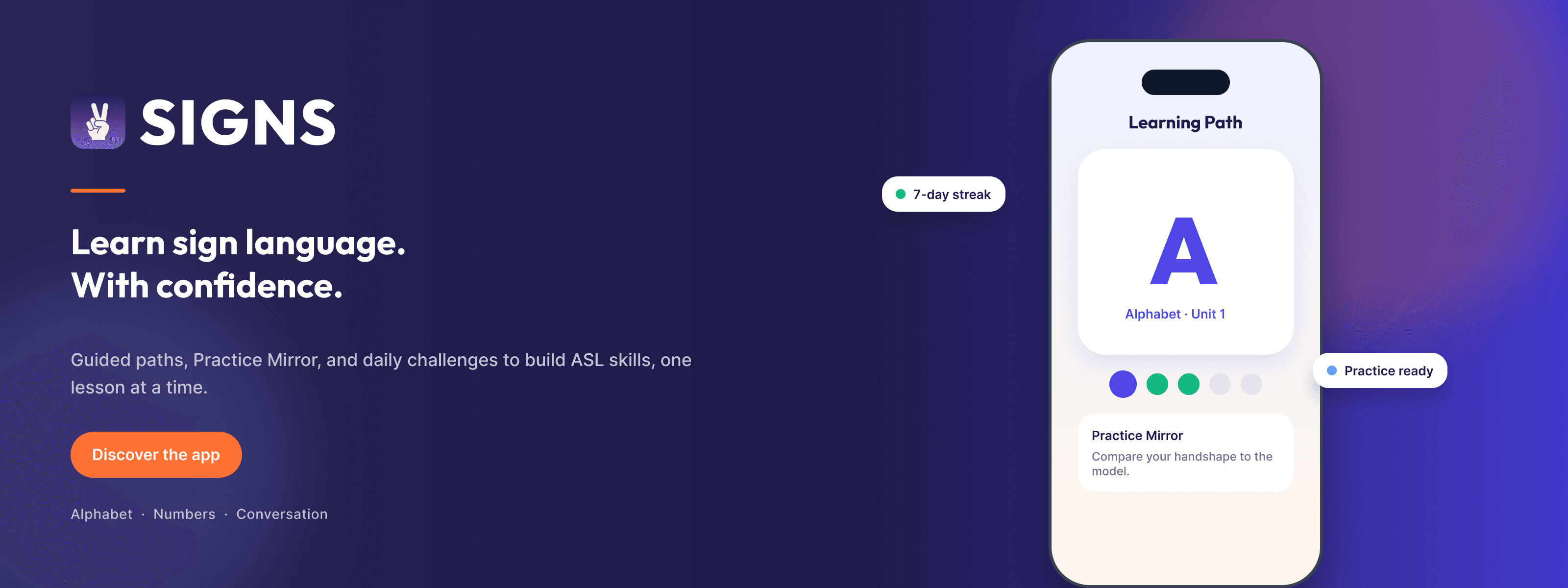 SIgns product banner: learn sign language with guided paths and Practice Mirror