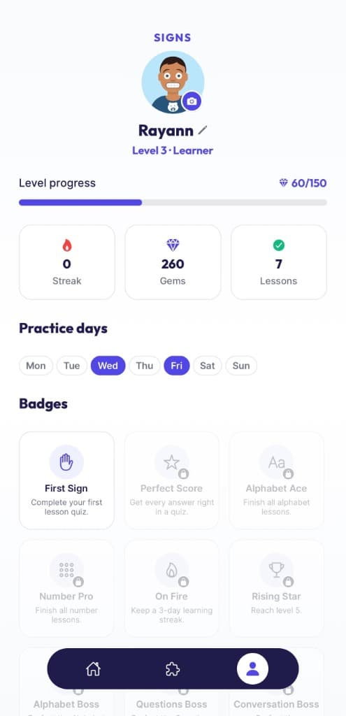 SIgns profile and progress screen