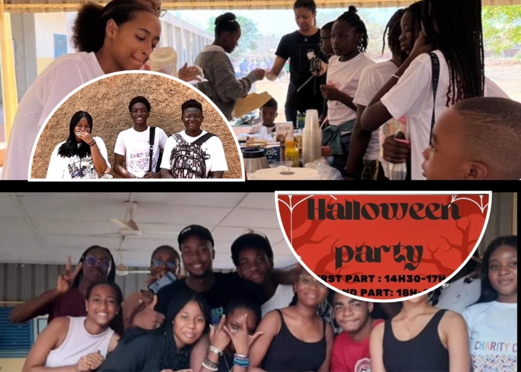 Collage of charity club volunteering events, team photos, and community gatherings.