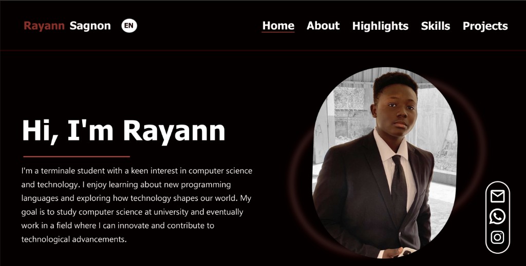 Screenshot of Rayann's first portfolio website with profile photo and introduction.