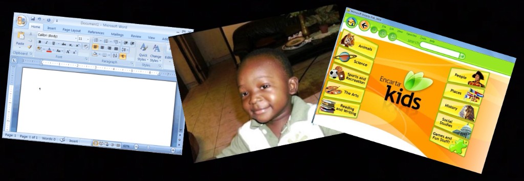Childhood photo alongside Microsoft Word and Encarta Kids screenshots.