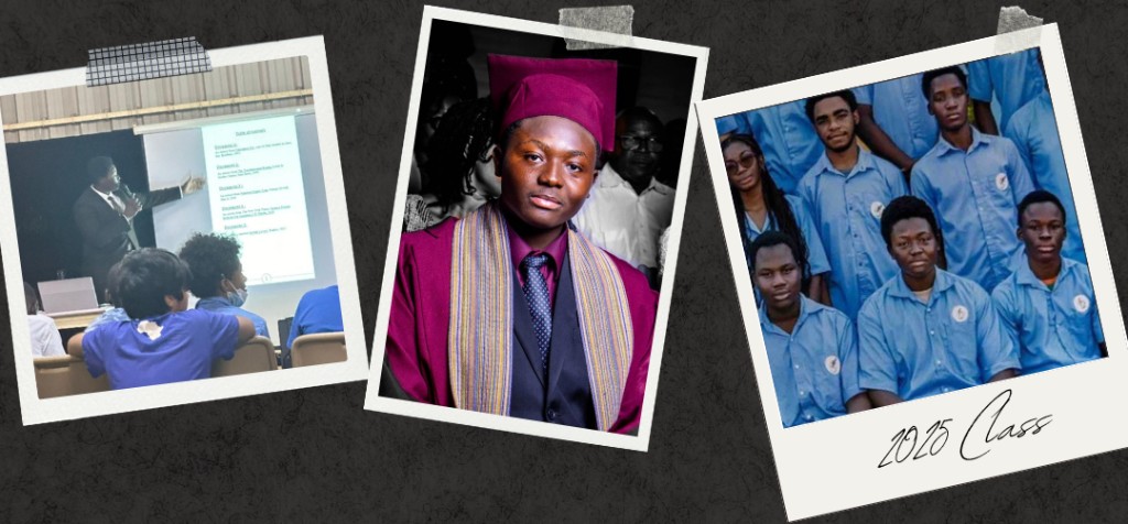 Vintage collage of school presentations, graduation, and team photos.